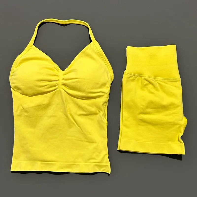 2 Piece Histello Sports Set Women Longline Strappy Top Seamless Yoga Tank Scrunch Butt Workout Shorts Suit Gym Sports Sets