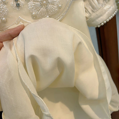 Girls Dress Summer Children's Cheongsam Princess Dress New 2023 Printing BeadedTulle Shoulder Dress Ropa De Niña Girls Clothes