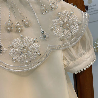 Girls Dress Summer Children's Cheongsam Princess Dress New 2023 Printing BeadedTulle Shoulder Dress Ropa De Niña Girls Clothes