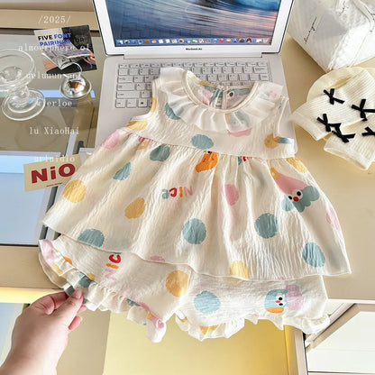 Two-Piece Set  Sleeveless Princess Dress with Floral Print, Summer Thin Outfit for Baby Girls Baby Girl Cute Floral Skirt