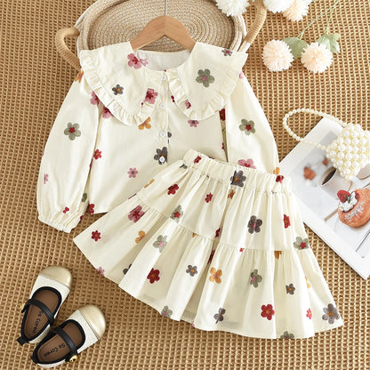 Bera Leader 2025 New Spring and Autum Girls' Set Two Piece Bow Full Print Long Sleeved Doll Neck Top Hundred Pleated Short Skirt