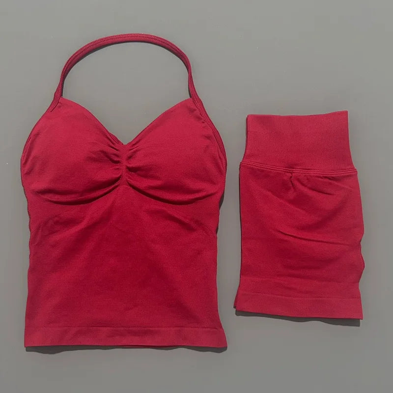 2 Piece Histello Sports Set Women Longline Strappy Top Seamless Yoga Tank Scrunch Butt Workout Shorts Suit Gym Sports Sets