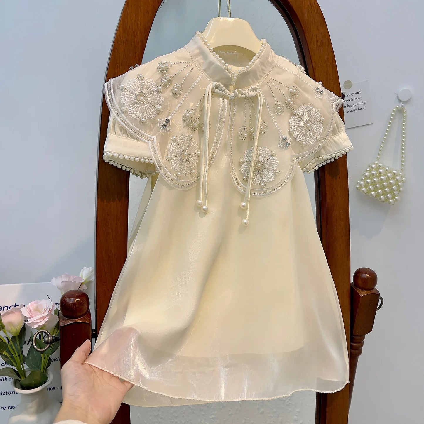 Girls Dress Summer Children's Cheongsam Princess Dress New 2023 Printing BeadedTulle Shoulder Dress Ropa De Niña Girls Clothes