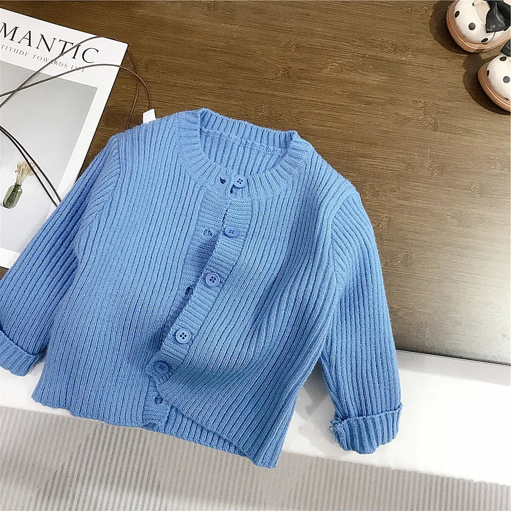 Spring Kids Girls Outfits Slim Knitted Lace Undershirt Tees Blue Ribbed Child Girls Sweater Cardigan Infant Girls Lace Hem Jeans