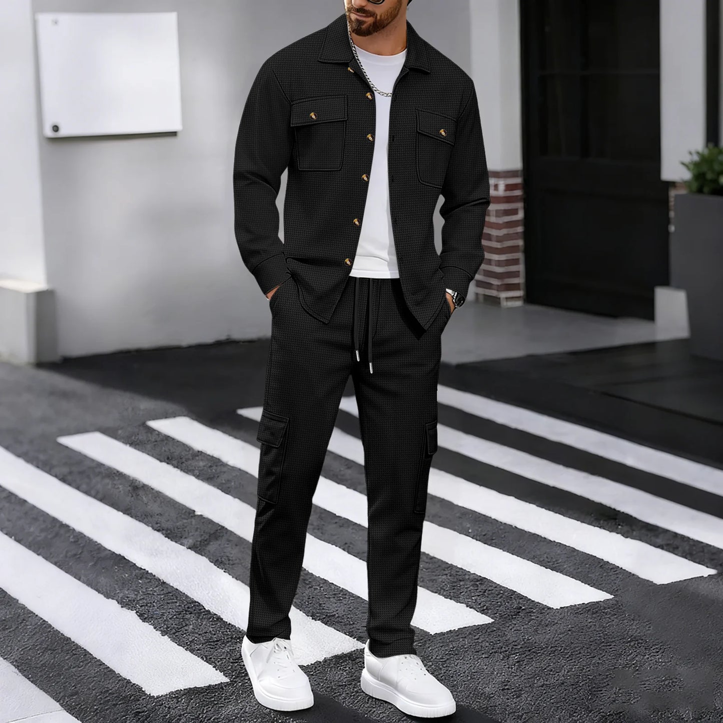 New men's four season outdoor trend casual waffle solid color workwear button pocket lapel jacket workwear pants two-piece set