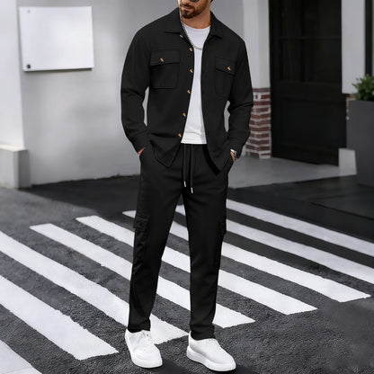 New men's four season outdoor trend casual waffle solid color workwear button pocket lapel jacket workwear pants two-piece set