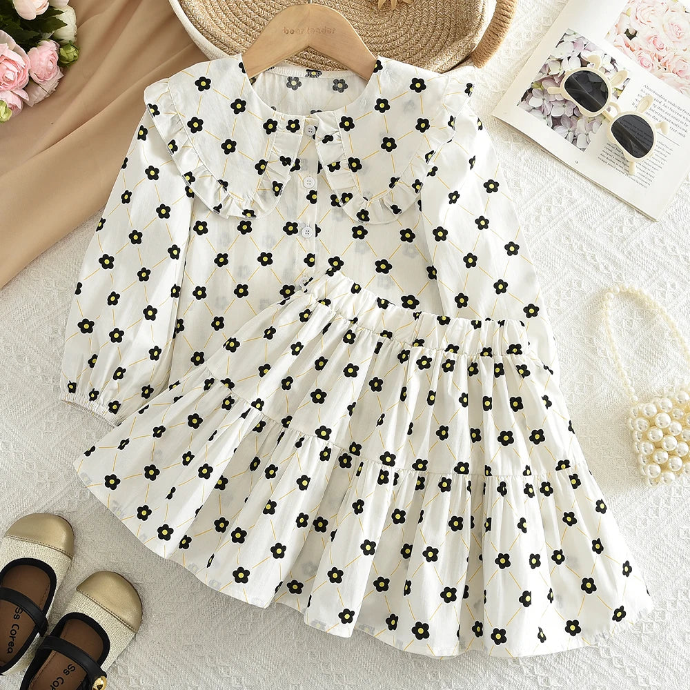 Bera Leader 2025 New Spring and Autum Girls' Set Two Piece Bow Full Print Long Sleeved Doll Neck Top Hundred Pleated Short Skirt