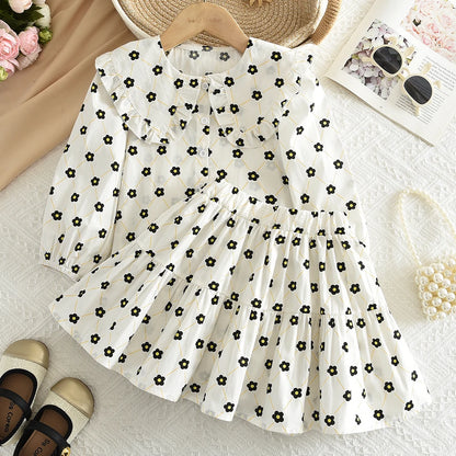 Bera Leader 2025 New Spring and Autum Girls' Set Two Piece Bow Full Print Long Sleeved Doll Neck Top Hundred Pleated Short Skirt