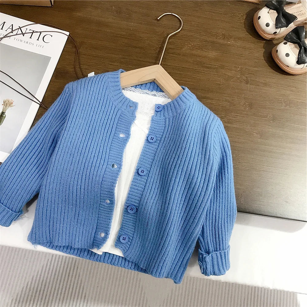 Spring Kids Girls Outfits Slim Knitted Lace Undershirt Tees Blue Ribbed Child Girls Sweater Cardigan Infant Girls Lace Hem Jeans