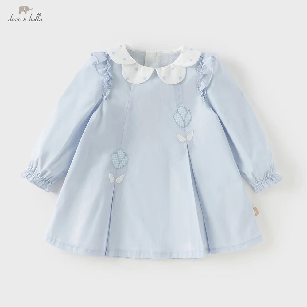 Dave Bella Children Cotton Dress Girls Clothes Spring Autumn Baby Elegant Sweet Dresses Kid Blue Outdoor Dress Fashion DB1260173