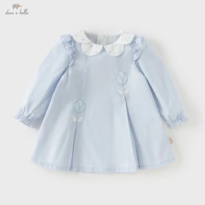 Dave Bella Children Cotton Dress Girls Clothes Spring Autumn Baby Elegant Sweet Dresses Kid Blue Outdoor Dress Fashion DB1260173