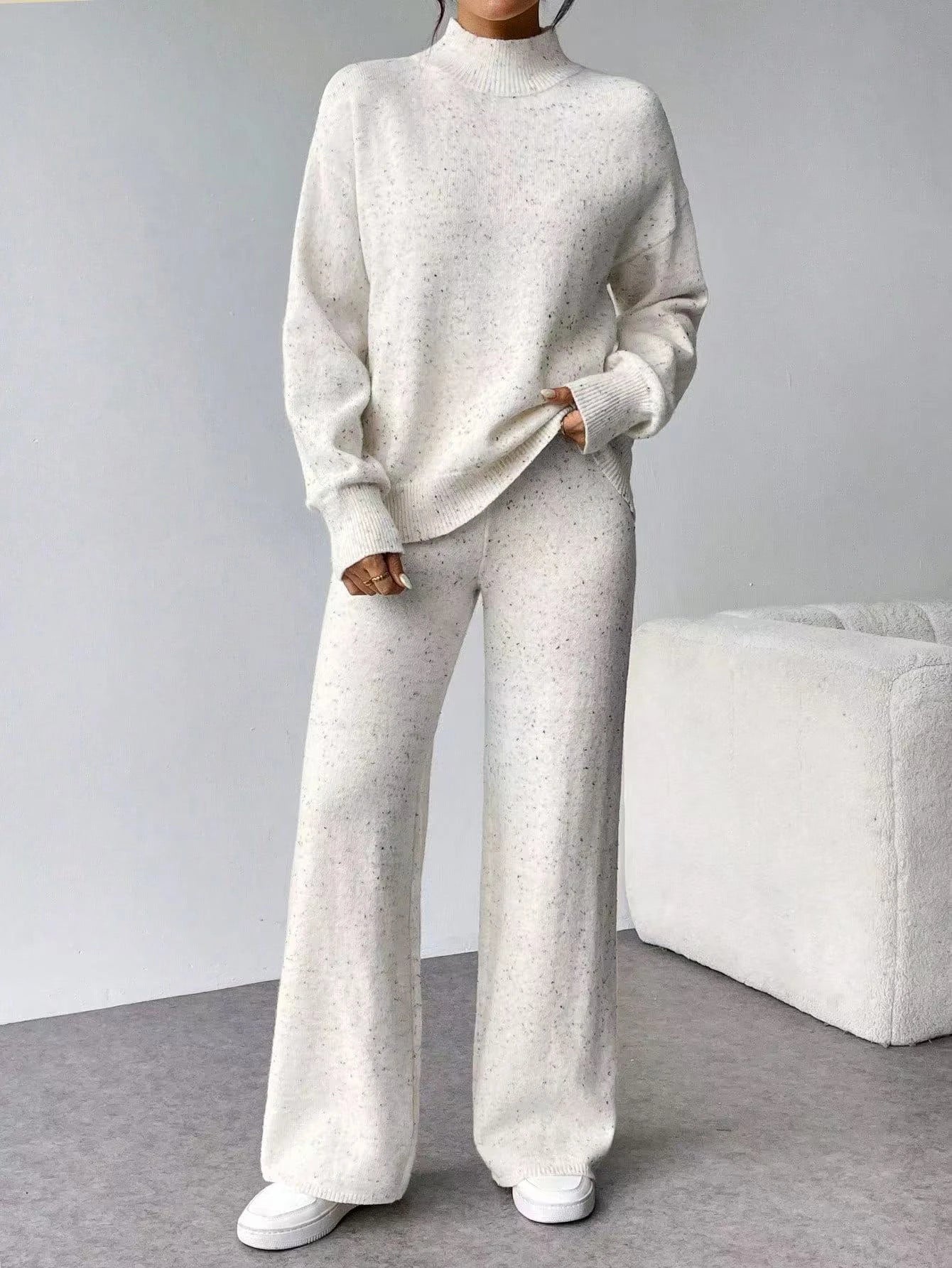 Women's White Speckled Knit Turtleneck Sweater And Pants Set Oversized Casual Loungewear Two-Piece Outfit