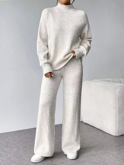 Women's White Speckled Knit Turtleneck Sweater And Pants Set Oversized Casual Loungewear Two-Piece Outfit