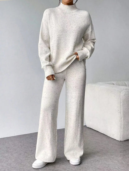 Women's White Speckled Knit Turtleneck Sweater And Pants Set Oversized Casual Loungewear Two-Piece Outfit