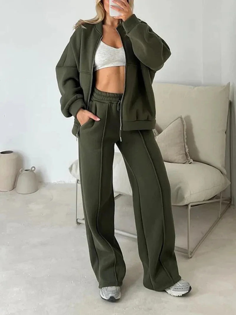 Autumn New Sports Suit For Women Loose Solid Color Zipper Long Sleeve Sweatshirt Coat High Waist Lace Up Trousers 2 Piece Set