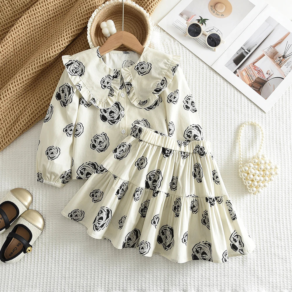 Bera Leader 2025 New Spring and Autum Girls' Set Two Piece Bow Full Print Long Sleeved Doll Neck Top Hundred Pleated Short Skirt