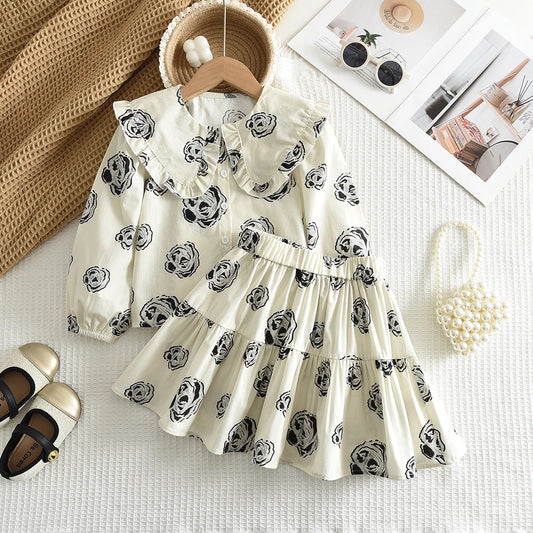 Bera Leader 2025 New Spring and Autum Girls' Set Two Piece Bow Full Print Long Sleeved Doll Neck Top Hundred Pleated Short Skirt