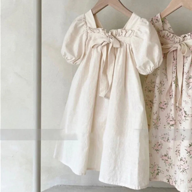 Dresses Korean version of new summer dress girls' baby bow bubble sleeve sweet floral square neck dress