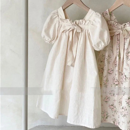 Dresses Korean version of new summer dress girls' baby bow bubble sleeve sweet floral square neck dress