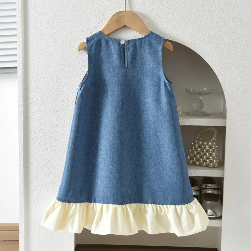 Blue Summer New Casual Girls' Clothes Round Neck Sleeveless Bow Lace Vest Princess Dress for Girls Aged 3-7 Korean Version