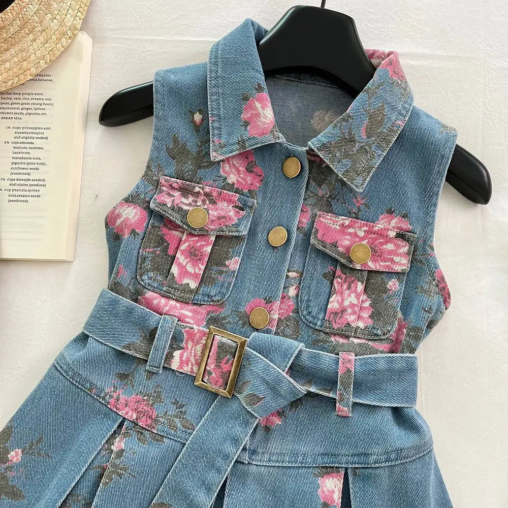 Bear Leader Summer New Korean Version Girls Clothes Lapel and Sleeveless Printed Denim Belt Dress Casual Easter toddler dresses