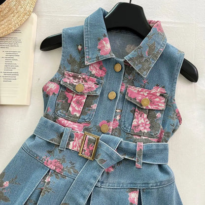 Bear Leader Summer New Korean Version Girls Clothes Lapel and Sleeveless Printed Denim Belt Dress Casual Easter toddler dresses