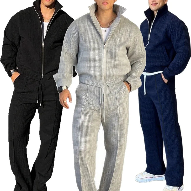 Fall men's fashionable sporty casual suit - high-quality stand-up collar solid-color pullover with zipper, drawstring pants