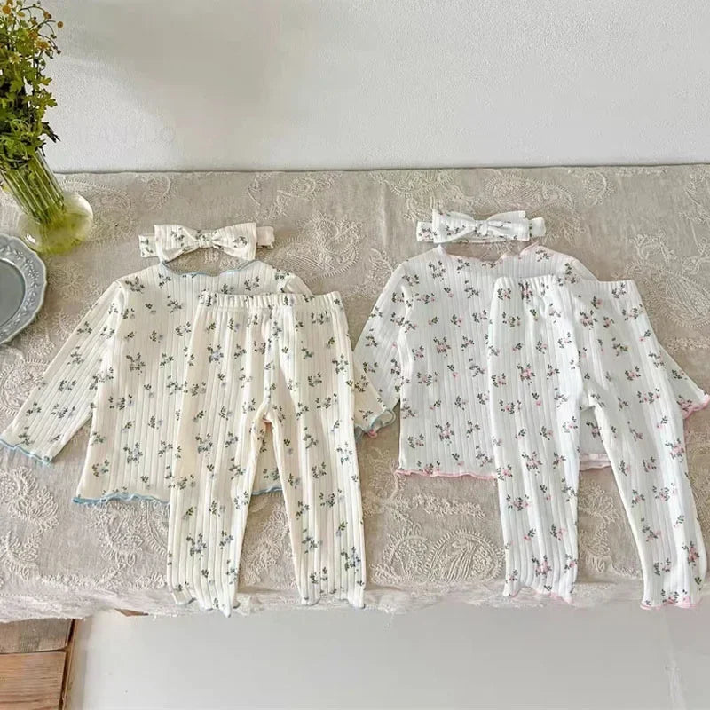 ‌New Arrival Baby Girls Floral Print Cotton Pajama Set Long Sleeve Lace Trim Two Piece Sleepwear Autumn Homewear Infant Toddler‌