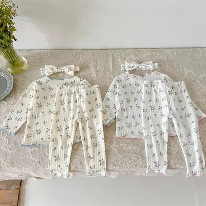 ‌New Arrival Baby Girls Floral Print Cotton Pajama Set Long Sleeve Lace Trim Two Piece Sleepwear Autumn Homewear Infant Toddler‌