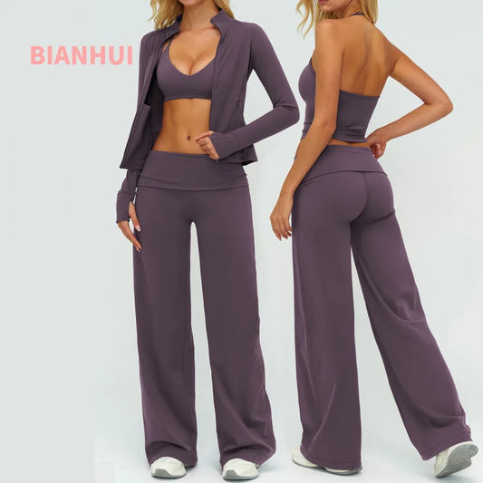 BIANHUI Women's Tracksuit Yoga Set Loose Casual Women Outdoor Sports Long Sleeve 2/3 Piece Set Sportswear Woman Gym Clothes