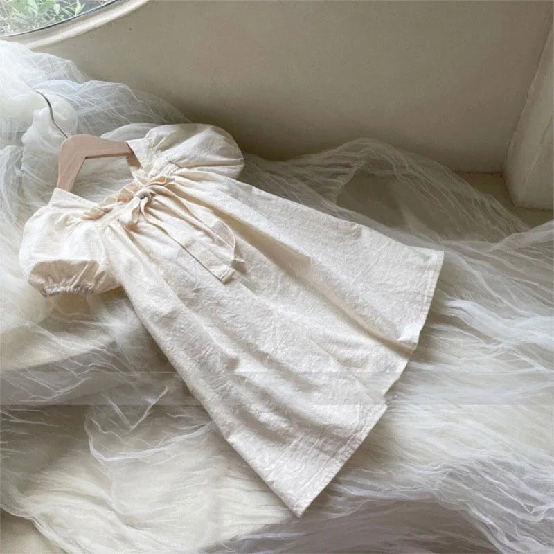 Dresses Korean version of new summer dress girls' baby bow bubble sleeve sweet floral square neck dress