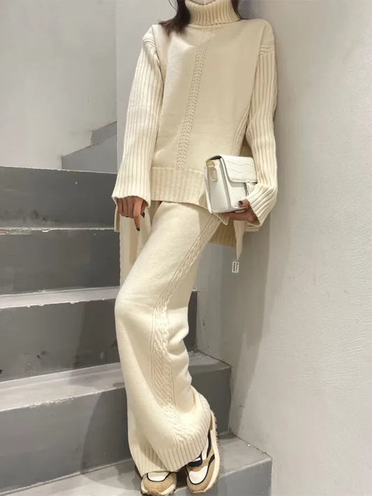 Spring New Cashmere Knitted Suit Women's High Neck Sweater Wide Leg Pants Fashionable Casual Two-piece Set