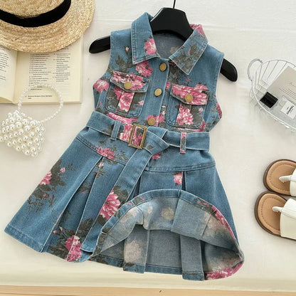 Bear Leader Summer New Korean Version Girls Clothes Lapel and Sleeveless Printed Denim Belt Dress Casual Easter toddler dresses