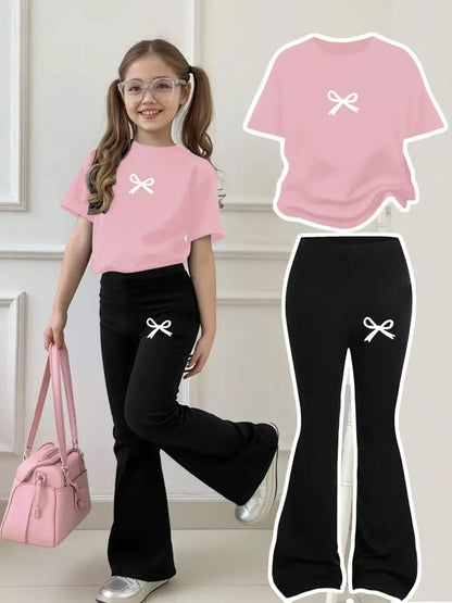 Children's Clothing Girls' Set 2026 New Style for 4-12 Year Old Girls, Regular Short-Sleeve Top and Bell-Bottom Pants Two-Piece Set, Simple Bow Print Clothes, Versatile for Home and Outings
