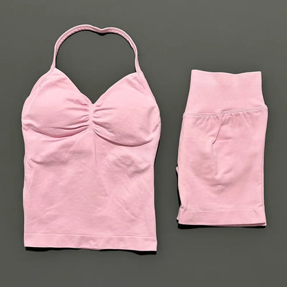 2 Piece Histello Sports Set Women Longline Strappy Top Seamless Yoga Tank Scrunch Butt Workout Shorts Suit Gym Sports Sets