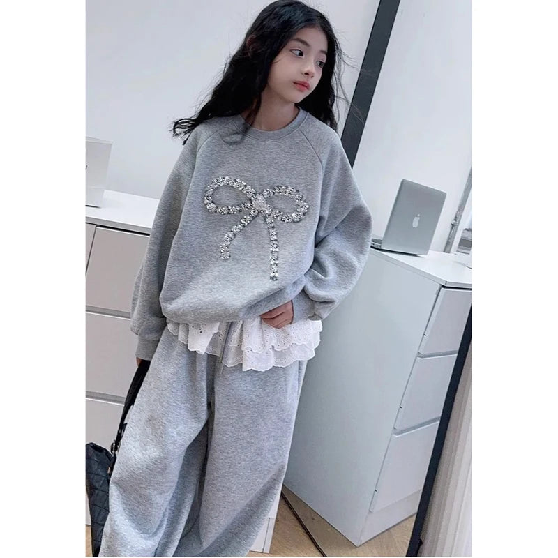 Teen Girls Clothing Set Spring Autumn New Solid Color Bow Sweatshirt+Lace Patchwork Pants 2Pcs Suit For 6-14 Years Girls Outfit