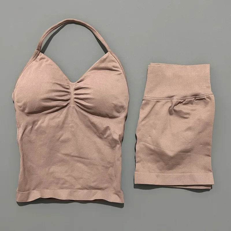 2 Piece Histello Sports Set Women Longline Strappy Top Seamless Yoga Tank Scrunch Butt Workout Shorts Suit Gym Sports Sets