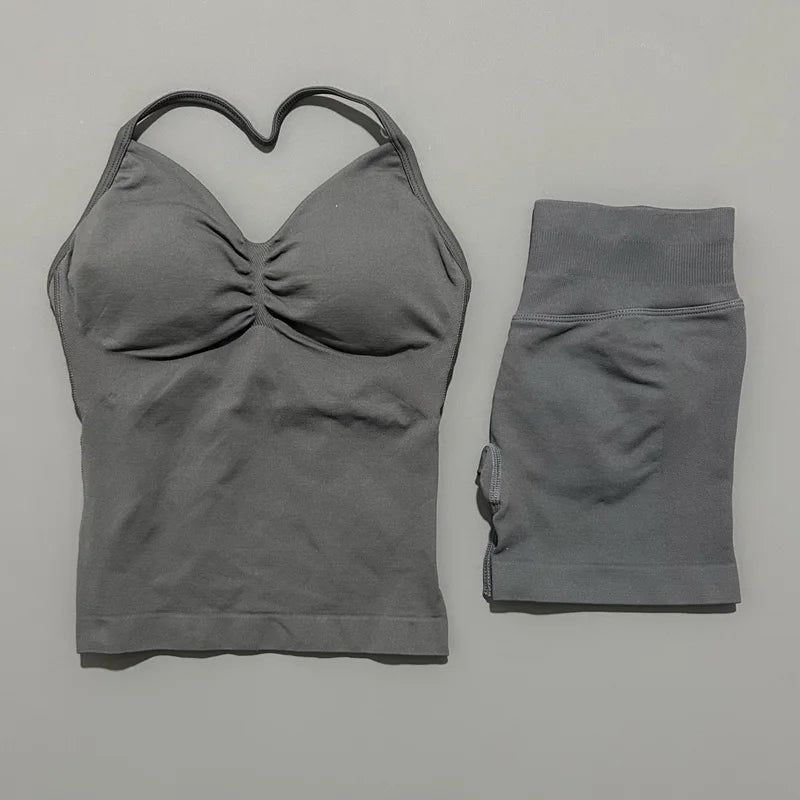 2 Piece Histello Sports Set Women Longline Strappy Top Seamless Yoga Tank Scrunch Butt Workout Shorts Suit Gym Sports Sets