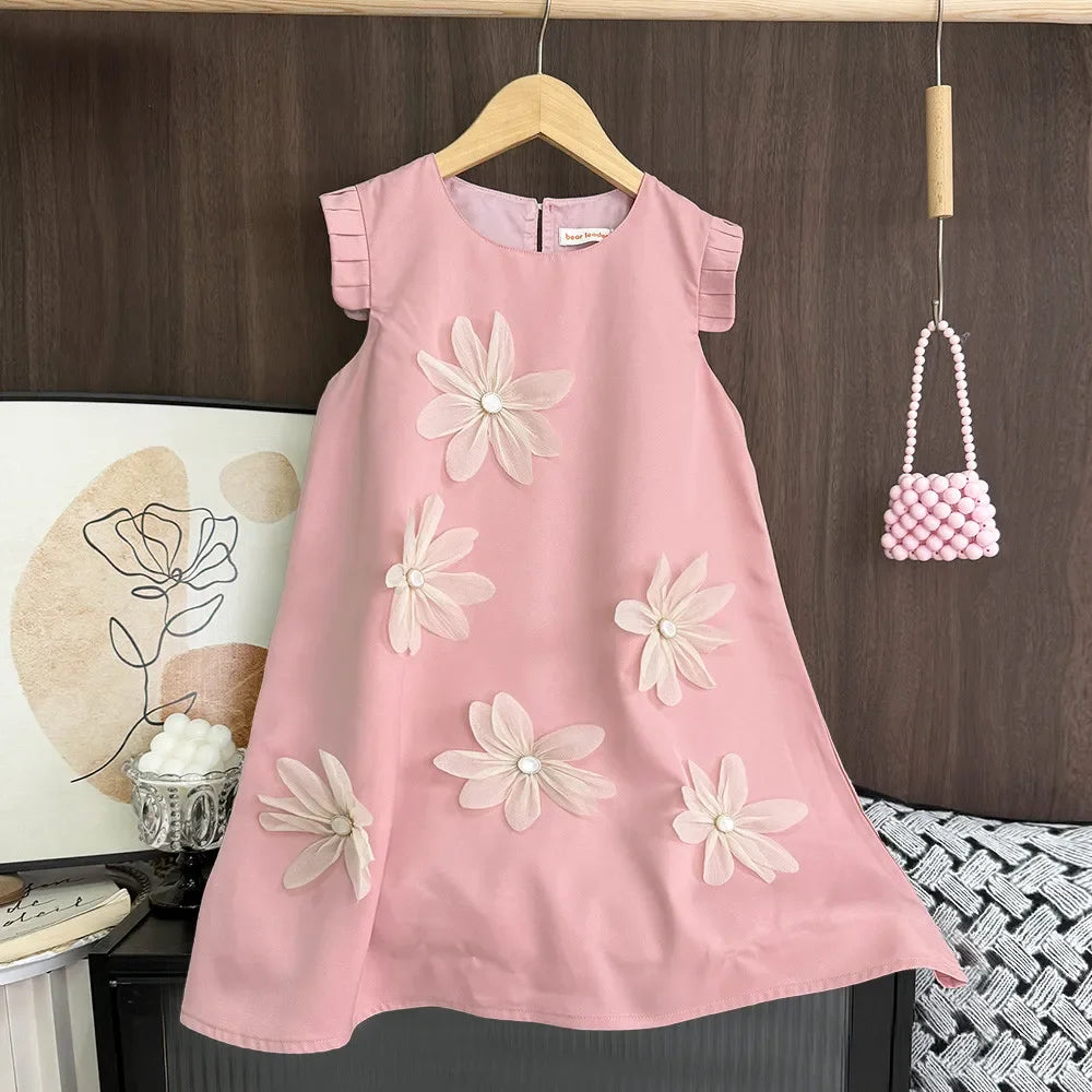 Bear Leader 3D Flower Wedding Birthday Party Princess Dress 2-12 Years Casual Dresses for Girls Solid Color Easter Kids Outfits