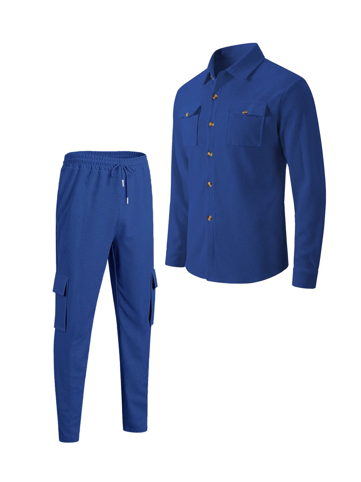 New men's four season outdoor trend casual waffle solid color workwear button pocket lapel jacket workwear pants two-piece set