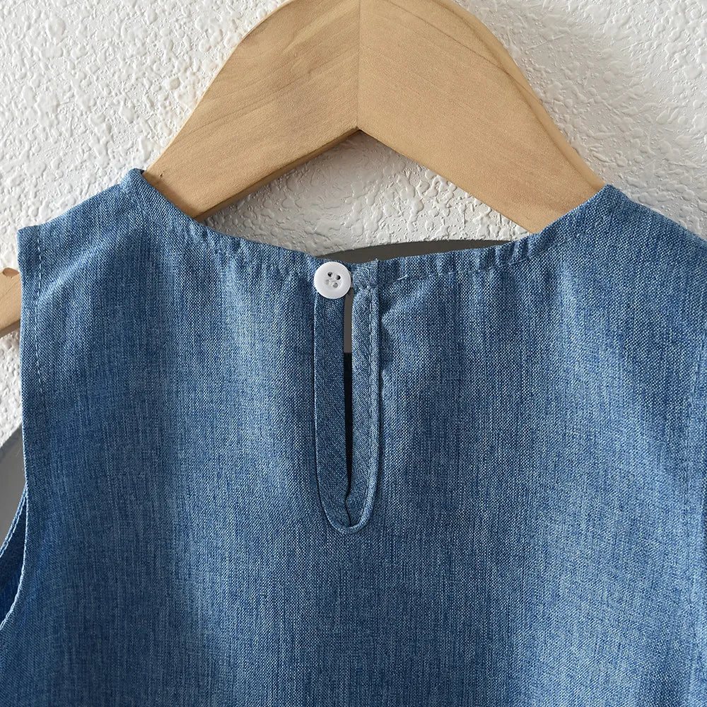 Blue Summer New Casual Girls' Clothes Round Neck Sleeveless Bow Lace Vest Princess Dress for Girls Aged 3-7 Korean Version