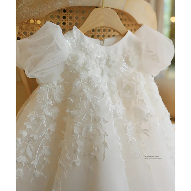 Flower Girl Wedding White Dress Infant Kids Lace Petal Ball Gowns Children Baptism Formal Bubble Dresses Elegant Clothes