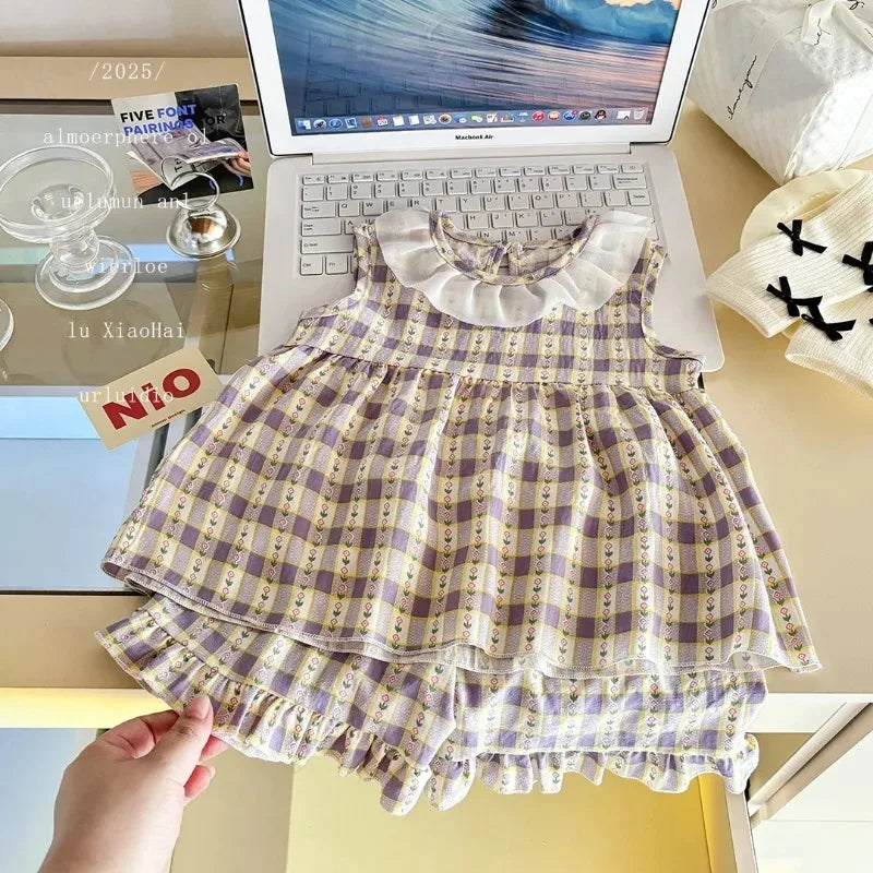 Two-Piece Set  Sleeveless Princess Dress with Floral Print, Summer Thin Outfit for Baby Girls Baby Girl Cute Floral Skirt