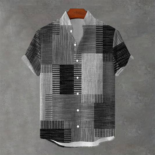 Men's Vintage Patchwork Shirt - 3D Print Stand Collar