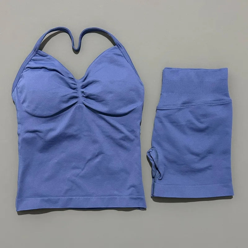 2 Piece Histello Sports Set Women Longline Strappy Top Seamless Yoga Tank Scrunch Butt Workout Shorts Suit Gym Sports Sets