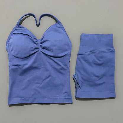 2 Piece Histello Sports Set Women Longline Strappy Top Seamless Yoga Tank Scrunch Butt Workout Shorts Suit Gym Sports Sets