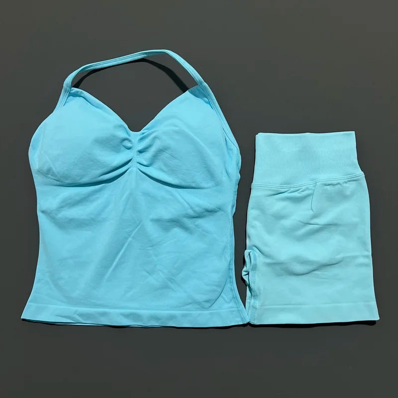 2 Piece Histello Sports Set Women Longline Strappy Top Seamless Yoga Tank Scrunch Butt Workout Shorts Suit Gym Sports Sets