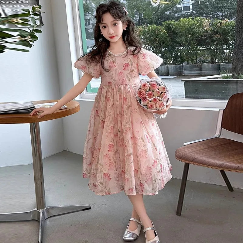 Girls' older dress summer new foreign style children's sweet princess dress girls bubble sleeves super beautiful skirt