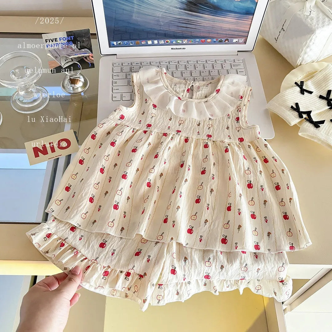 Two-Piece Set  Sleeveless Princess Dress with Floral Print, Summer Thin Outfit for Baby Girls Baby Girl Cute Floral Skirt