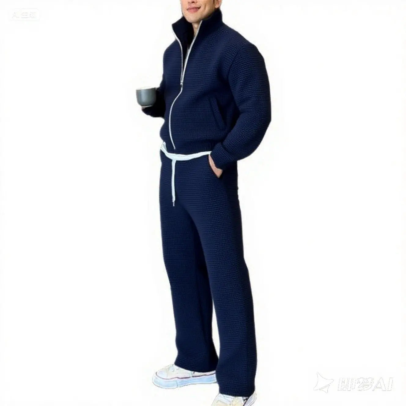 Fall men's fashionable sporty casual suit - high-quality stand-up collar solid-color pullover with zipper, drawstring pants
